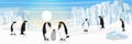 A flock of realistic imperial penguins. Penguins are parents and their chick. The glacier and the snow-covered plain